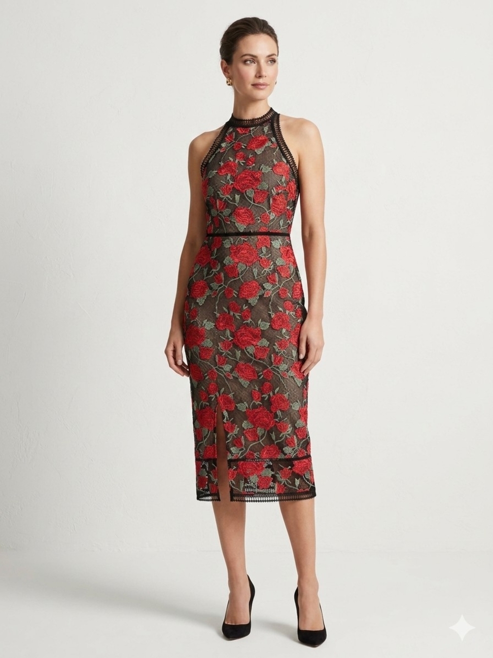 Gianni Bini Red Floral Lace Halter-Neck Midi Dress